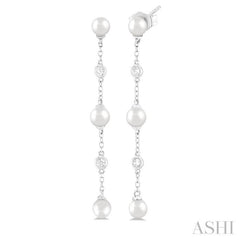 4 MM Round Shape Cultured Pearl and 1/20 Ctw Round Cut Diamond Station Long Earring in 14K White Gold
