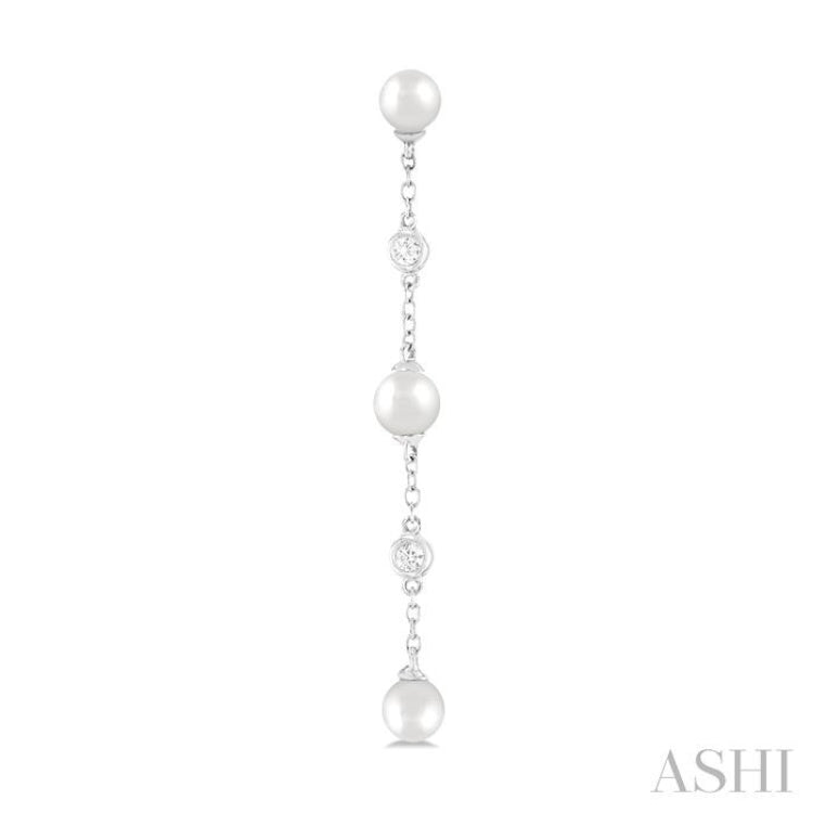 4 MM Round Shape Cultured Pearl and 1/20 Ctw Round Cut Diamond Station Long Earring in 14K White Gold