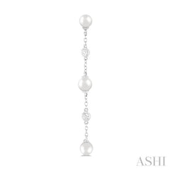 4 MM Round Shape Cultured Pearl and 1/20 Ctw Round Cut Diamond Station Long Earring in 14K White Gold