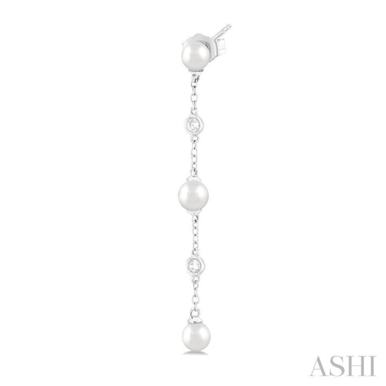 4 MM Round Shape Cultured Pearl and 1/20 Ctw Round Cut Diamond Station Long Earring in 14K White Gold