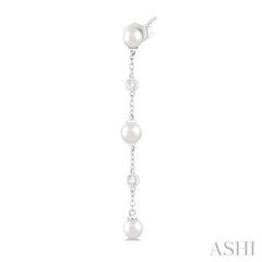 4 MM Round Shape Cultured Pearl and 1/20 Ctw Round Cut Diamond Station Long Earring in 14K White Gold