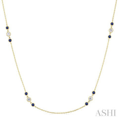 2.25 MM Sapphire and 1/2 Ctw Round Cut Diamond Precious Station Necklace in 14K Yellow Gold