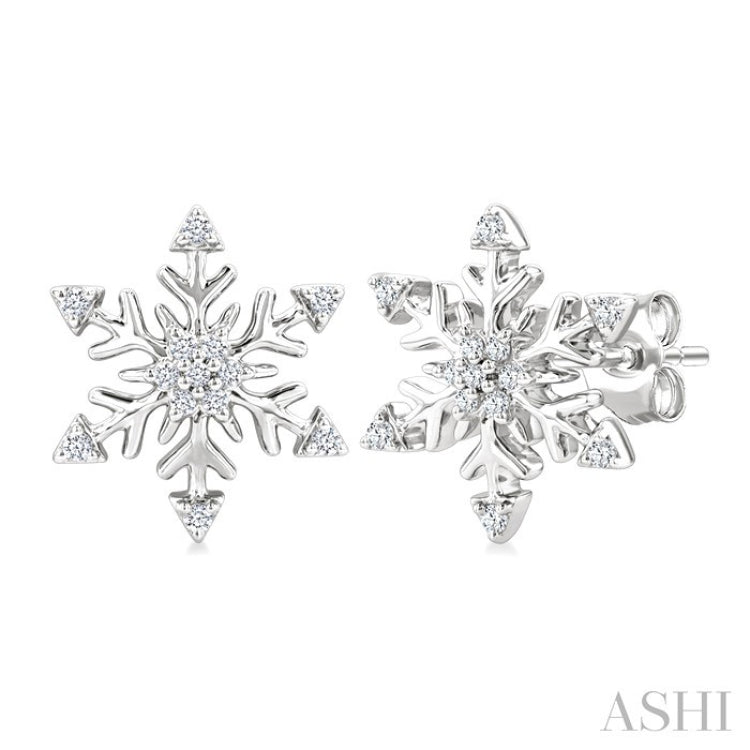 1/10 Ctw Petite Snowflake Round Cut Diamond Halo Fashion Stud Earring in 10K White Gold