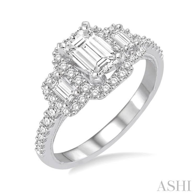 5/8 Ctw Diamond Ladies Engagement Ring with 1/4 Ct Emerald Cut Center Stone in 14K White Gold