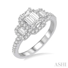 5/8 Ctw Diamond Ladies Engagement Ring with 1/4 Ct Emerald Cut Center Stone in 14K White Gold
