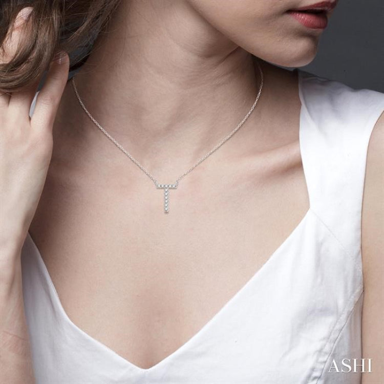 1/20 Ctw Initial 'T' Round Cut Diamond Pendant With Chain in 10K White Gold