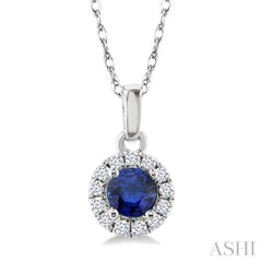 3.25 MM Round Sapphire and 1/20 Ctw Round Cut Diamond Halo Precious Pendant with Chain in 10K White Gold