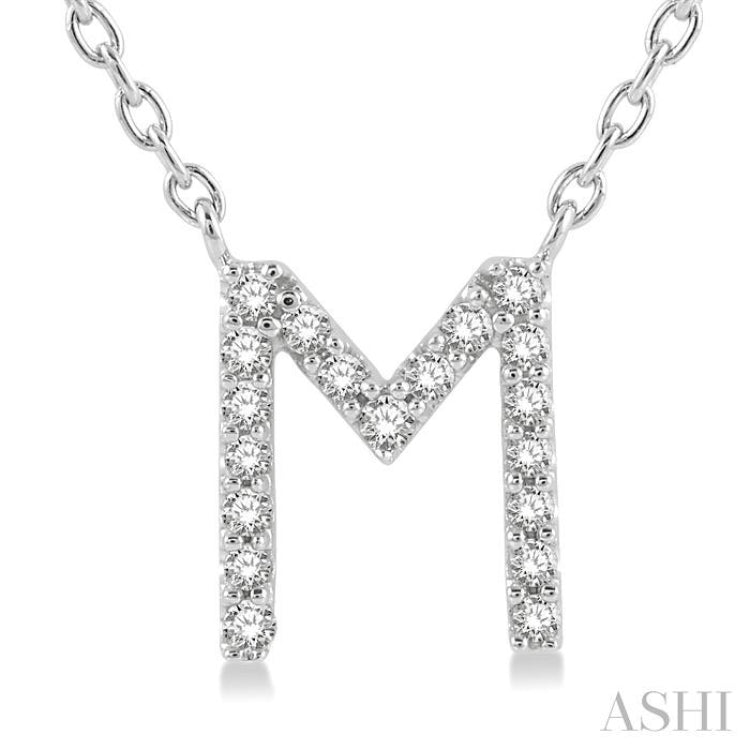 1/20 Ctw Initial 'M' Round Cut Diamond Pendant With Chain in 10K White Gold