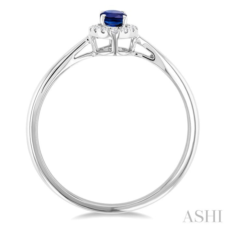 5x3 MM Oval Shape Sapphire and 1/20 Ctw Round Cut Diamond Halo Precious Ring in 14K White Gold