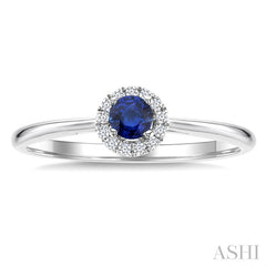 3.25 MM Round Sapphire and 1/20 Ctw Round Cut Diamond Halo Precious Ring in 10K White Gold