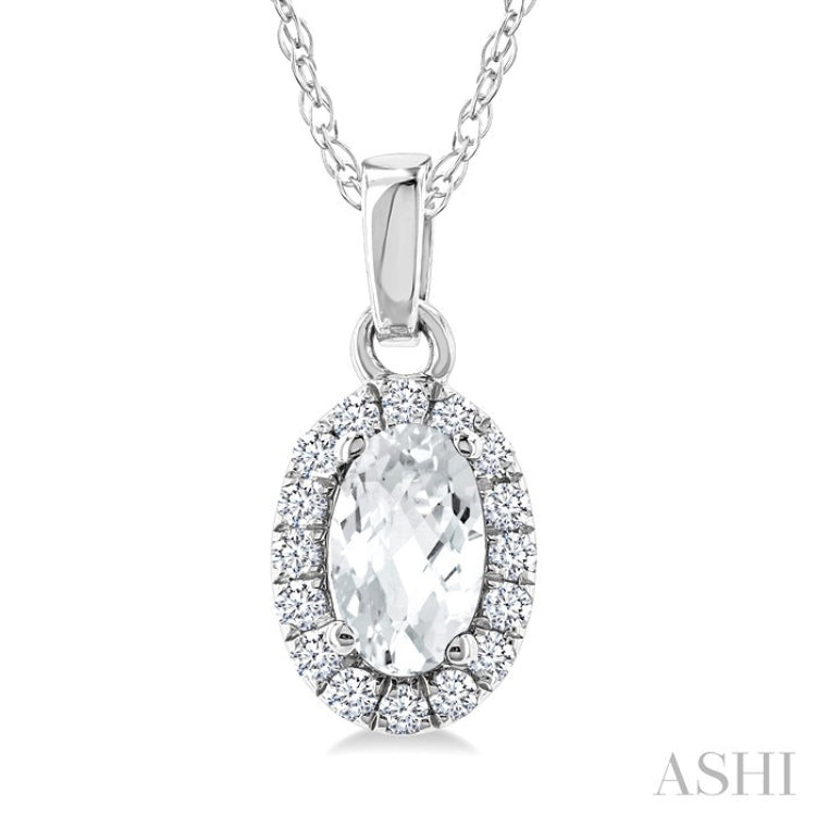 5x3 MM Oval Shape White Topaz and 1/20 Ctw Round Cut Diamond Halo Semi-Precious Pendant with Chain in 14K White Gold