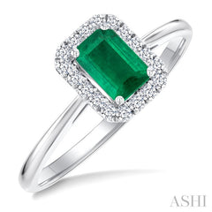 6x4 MM Octagonal Shape Emerald and 1/6 Ctw Round Cut Diamond Halo Precious Ring in 10K White Gold