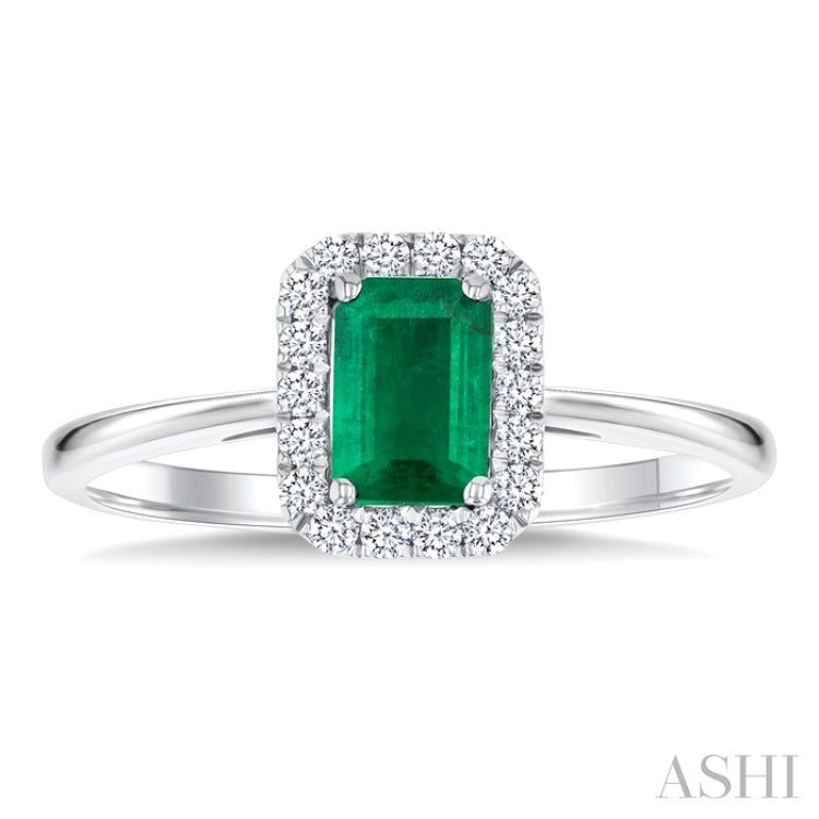 6x4 MM Octagonal Shape Emerald and 1/6 Ctw Round Cut Diamond Halo Precious Ring in 10K White Gold