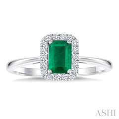 6x4 MM Octagonal Shape Emerald and 1/6 Ctw Round Cut Diamond Halo Precious Ring in 10K White Gold