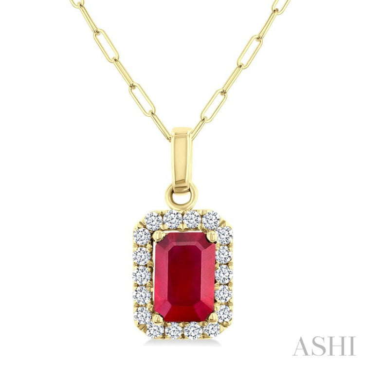 6x4 MM Octagonal Shape Ruby and 1/6 Ctw Round Cut Diamond Halo Precious Pendant with Chain in 10K Yellow Gold