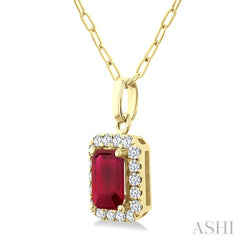 6x4 MM Octagonal Shape Ruby and 1/6 Ctw Round Cut Diamond Halo Precious Pendant with Chain in 10K Yellow Gold