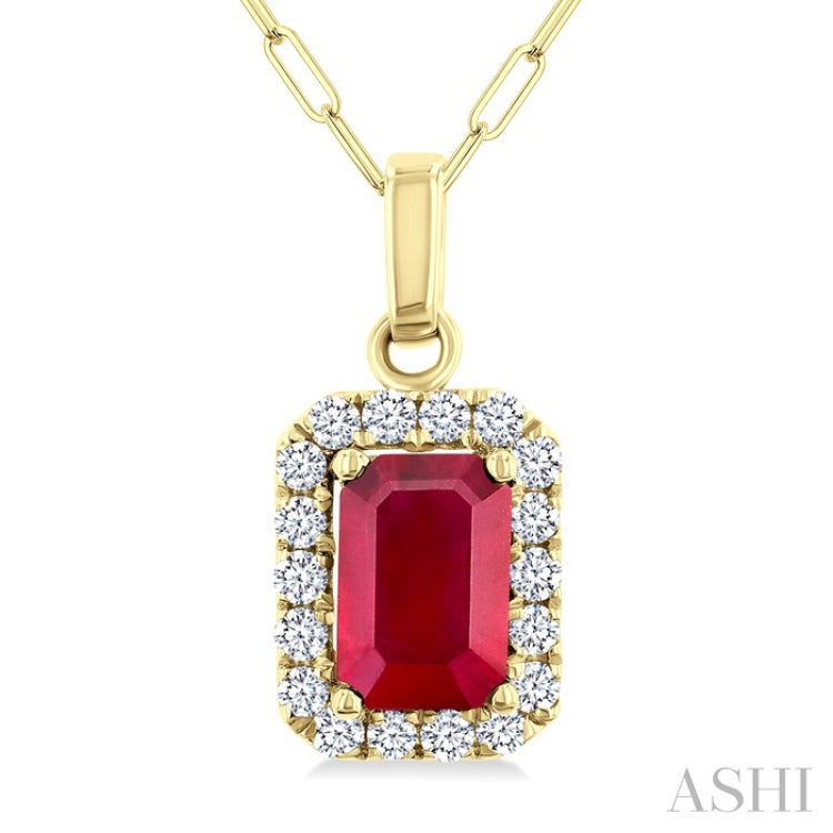 6x4 MM Octagonal Shape Ruby and 1/6 Ctw Round Cut Diamond Halo Precious Pendant with Chain in 10K Yellow Gold