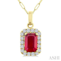 6x4 MM Octagonal Shape Ruby and 1/6 Ctw Round Cut Diamond Halo Precious Pendant with Chain in 10K Yellow Gold