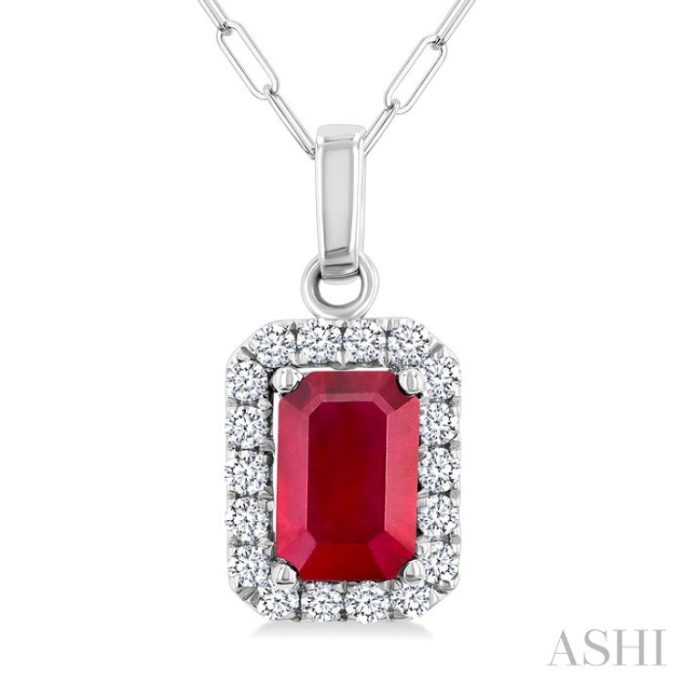 6x4 MM Octagonal Shape Ruby and 1/6 Ctw Round Cut Diamond Halo Precious Pendant with Chain in 10K White Gold