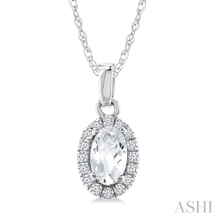 5x3 MM Oval Shape White Topaz and 1/20 Ctw Round Cut Diamond Halo Semi-Precious Pendant with Chain in 10K White Gold