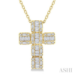 1/2 Ctw Fusion Baguette and Round Cut Diamond Cross Fashion Pendant With Chain in 14K Yellow Gold