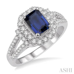 7x5 MM Emerald Shape Sapphire and 1/2 Ctw Round Cut Diamond Precious Ring in 14K White Gold