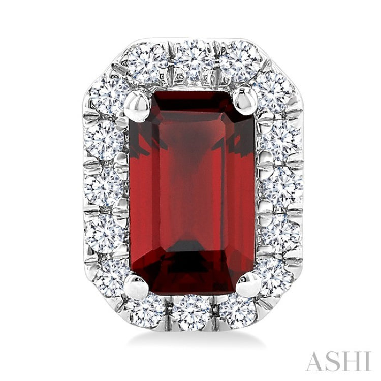 5x3 MM Octagonal Shape Garnet and 1/8 Ctw Round Cut Diamond Halo Semi-Precious Stud Earrings in 10K White Gold