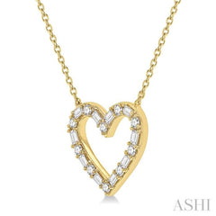 1/2 Ctw Heart Charm Baguette and Round Cut Diamond Pendant With Chain in 14K Yellow Gold