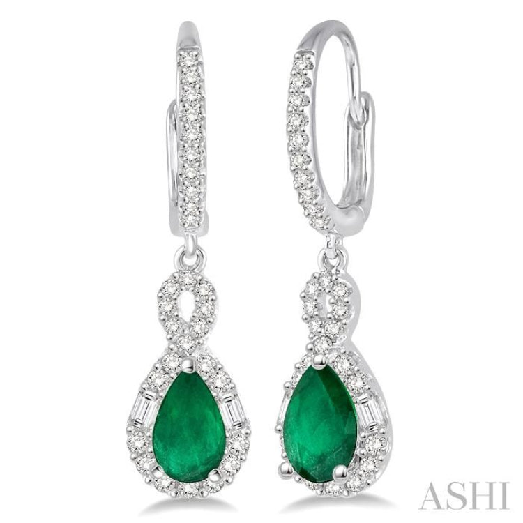 6x4 MM Pear Cut Emerald and 1/2 Ctw Round Cut Diamond Precious Earrings in 14K White Gold