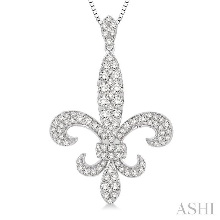 7/8 Ctw Round Cut Diamond Fleur De Lis Pendant in 14K White Gold with Chain
