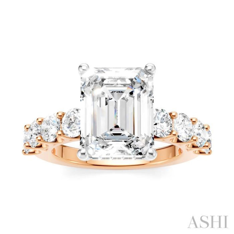 1 1/3 Ctw Emerald Shape Round Cut Diamond Semi-Mount Engagement Ring in 14K Rose and White Gold