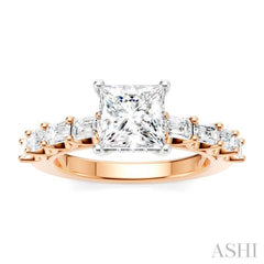 7/8 Ctw Princess Shape Emerald and Round Cut Diamond Semi-Mount Engagement Ring in 14K Rose and White Gold