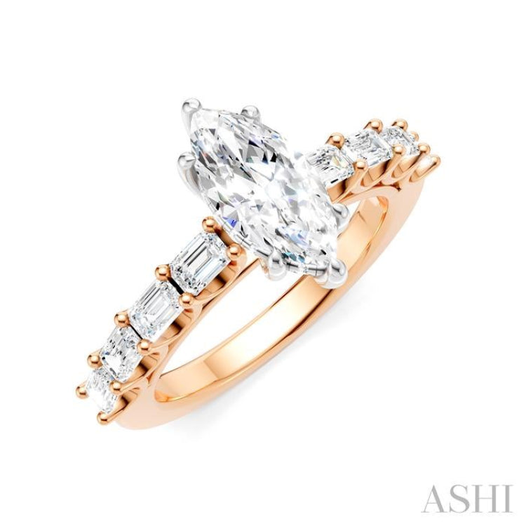 7/8 Ctw Marquise Shape Emerald and Round Cut Diamond Semi-Mount Engagement Ring in 14K Rose and White Gold