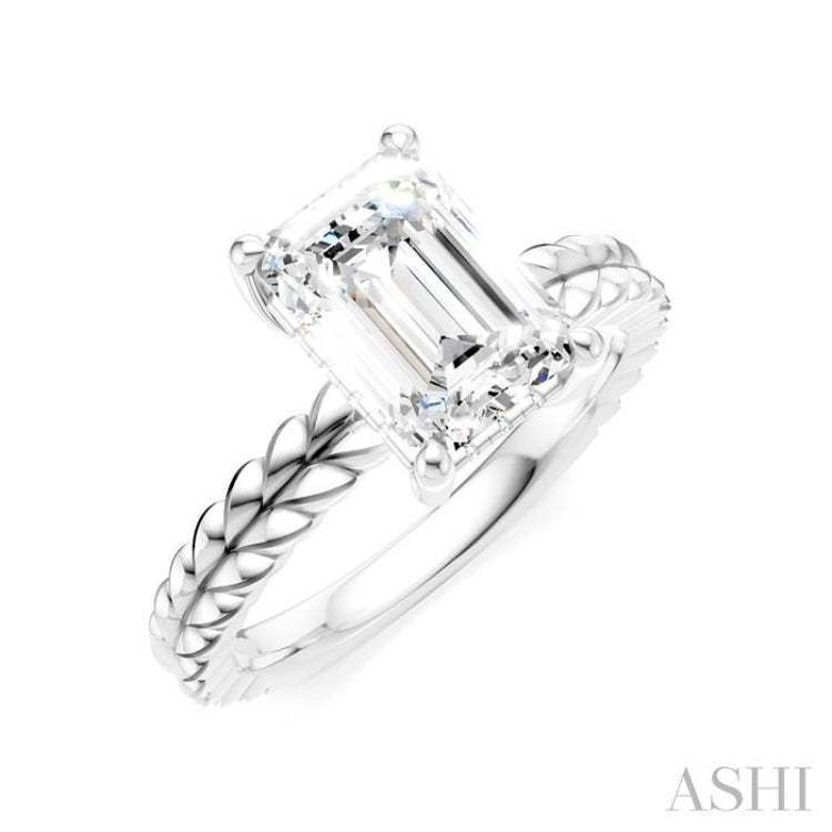 1/10 Ctw Emerald Shape Round Cut Diamond Semi-Mount Engagement Ring in 14K White Gold