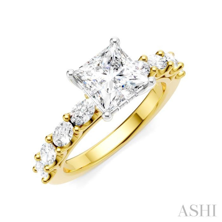 7/8 Ctw Princess Shape Oval and Round Cut Diamond Semi-Mount Engagement Ring in 14K Yellow and White Gold