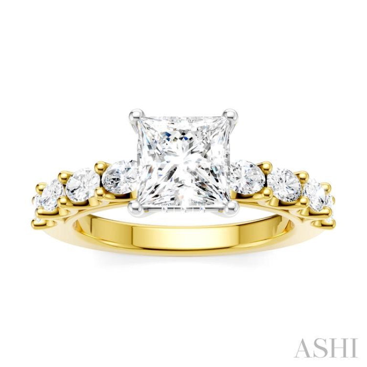7/8 Ctw Princess Shape Oval and Round Cut Diamond Semi-Mount Engagement Ring in 14K Yellow and White Gold