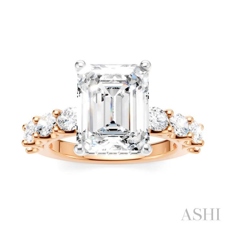 1 1/3 Ctw Emerald Shape Oval and Round Cut Diamond Semi-Mount Engagement Ring in 14K Rose and White Gold