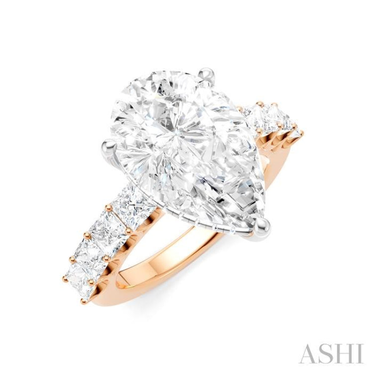 1 1/3 Ctw Pear Shape Princess and Round Cut Diamond Semi-Mount Engagement Ring in 14K Rose and White Gold