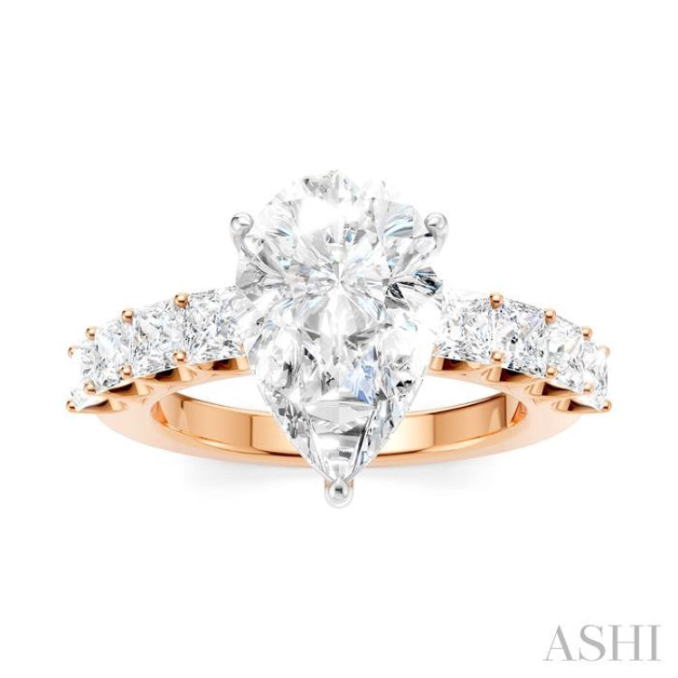 1 1/3 Ctw Pear Shape Princess and Round Cut Diamond Semi-Mount Engagement Ring in 14K Rose and White Gold