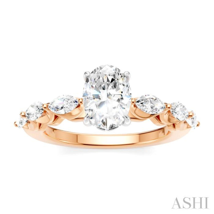 5/8 Ctw Oval Shape Marquise and Round Cut Diamond Semi-Mount Engagement Ring in 14K Rose and White Gold
