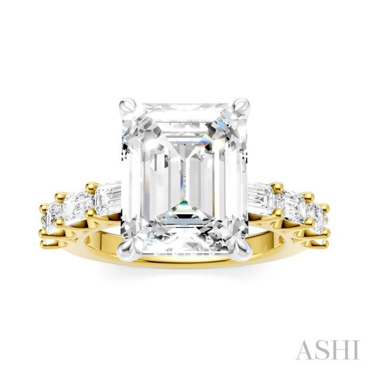 1 1/3 Ctw Emerald Shape Emerald and Round Cut Diamond Semi-Mount Engagement Ring in 14K Yellow and White Gold