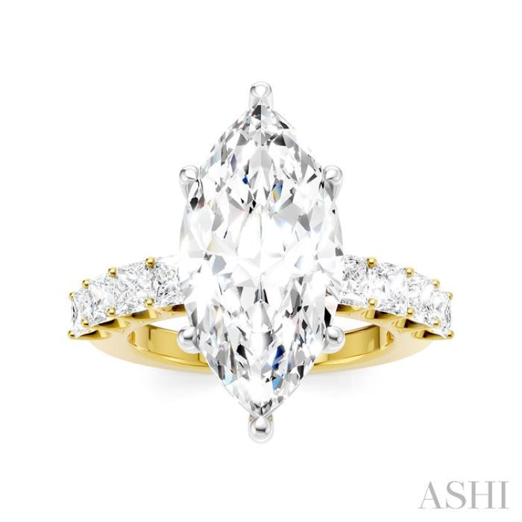1 1/3 Ctw Marquise Shape Princess and Round Cut Diamond Semi-Mount Engagement Ring in 14K Yellow and White Gold