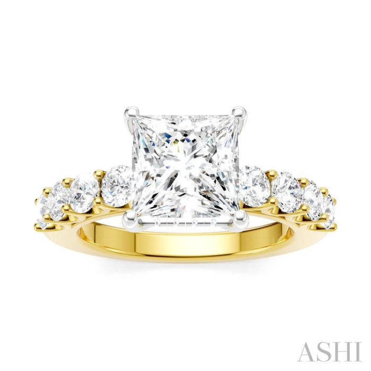 7/8 Ctw Princess Shape Round Cut Diamond Semi-Mount Engagement Ring in 14K Yellow and White Gold