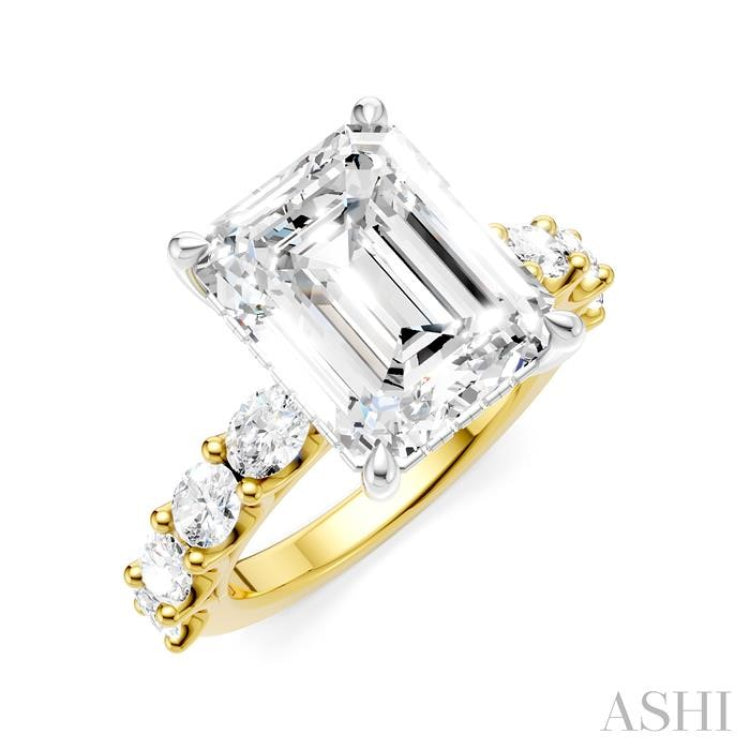 1 1/3 Ctw Emerald Shape Oval and Round Cut Diamond Semi-Mount Engagement Ring in 14K Yellow and White Gold