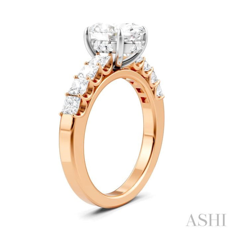 7/8 Ctw Oval Shape Princess and Round Cut Diamond Semi-Mount Engagement Ring in 14K Rose and White Gold
