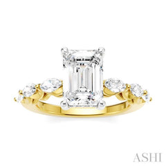 3/4 Ctw Emerald Shape Marquise and Round Cut Diamond Semi-Mount Engagement Ring in 14K Yellow and White Gold