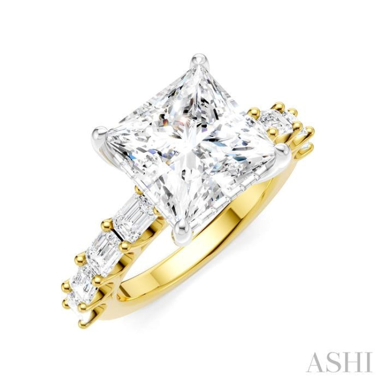 1 1/3 Ctw Princess Shape Emerald and Round Cut Diamond Semi-Mount Engagement Ring in 14K Yellow and White Gold