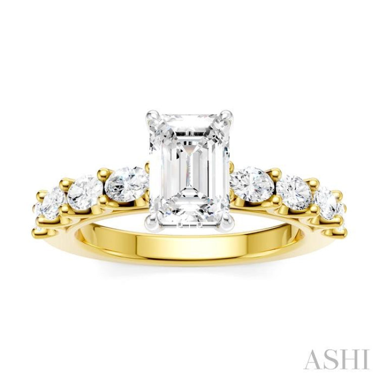 7/8 Ctw Emerald Shape Oval and Round Cut Diamond Semi-Mount Engagement Ring in 14K Yellow and White Gold