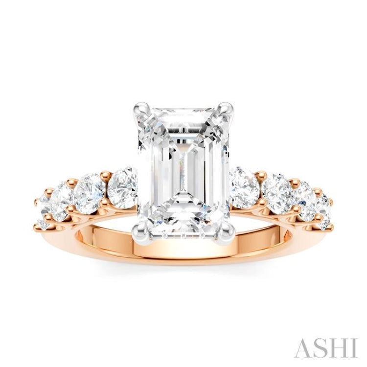 7/8 Ctw Emerald Shape Round Cut Diamond Semi-Mount Engagement Ring in 14K Rose and White Gold