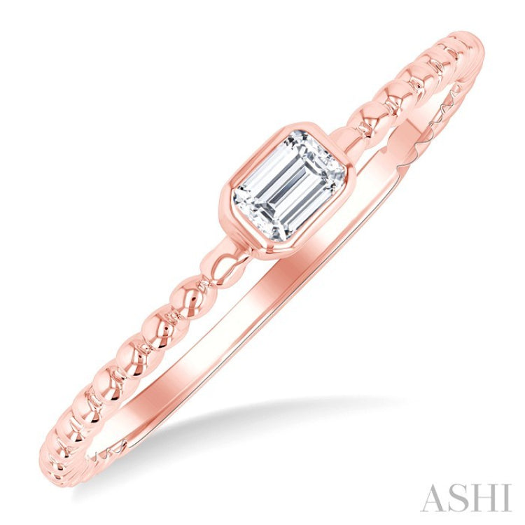 1/6 Ctw Ball Bead East-West Bezel Set Emerald CutDiamond Stackable Petite Fashion Ring in 14K Rose Gold